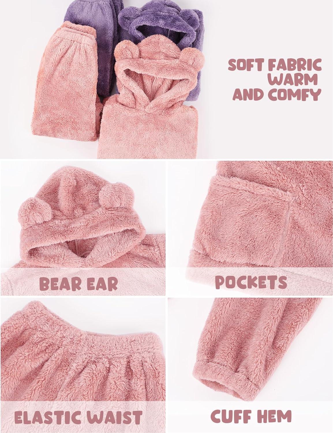 Arssm Girl Pants Sets Two Pieces Outfit Kids Bear Ear Fuzzy Fluffy Hoodie Sweatshirt with Fleece Sweatpants(Lightpink)