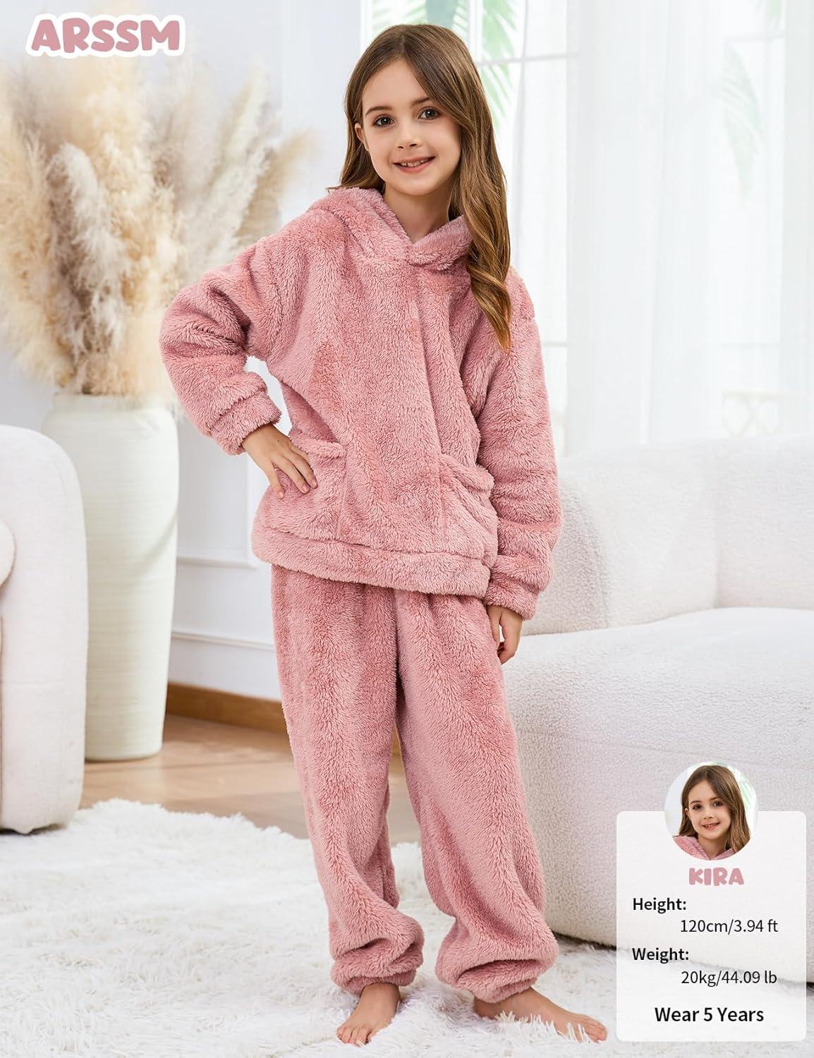 Arssm Girl Pants Sets Two Pieces Outfit Kids Bear Ear Fuzzy Fluffy Hoodie Sweatshirt with Fleece Sweatpants(Lightpink)