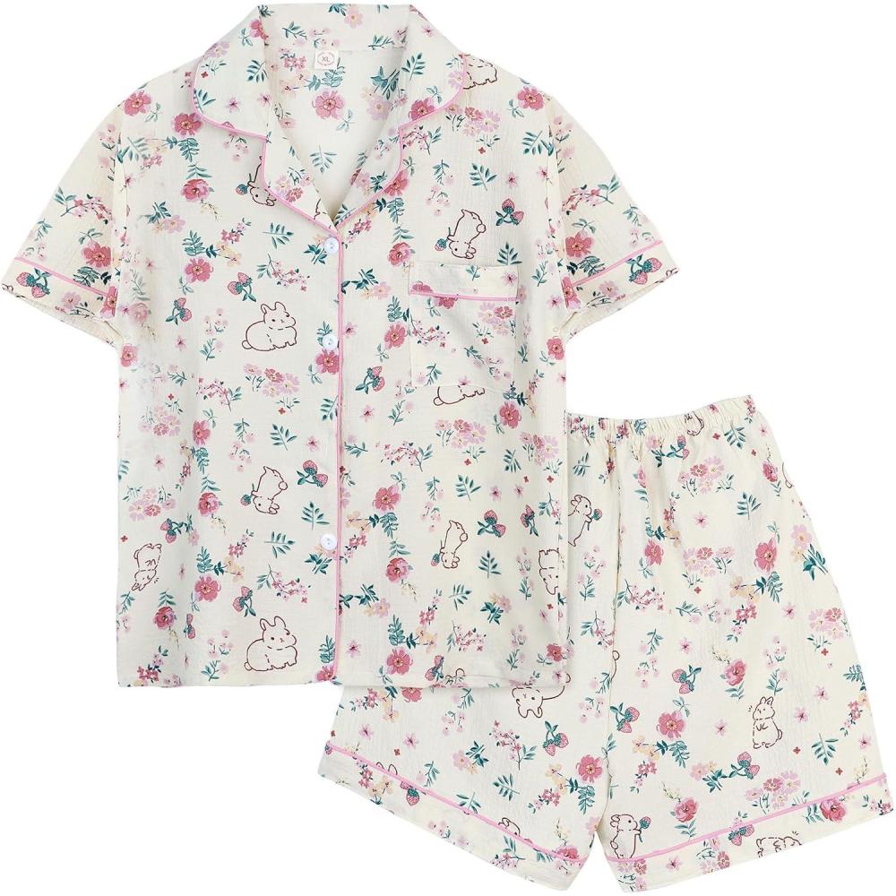 Arssm Floral Pajama Set Women Cute Kawaii 2 Piece Matching Pj Set Aesthetic Short Sleeve Sleeping Loungewear(Bunny)