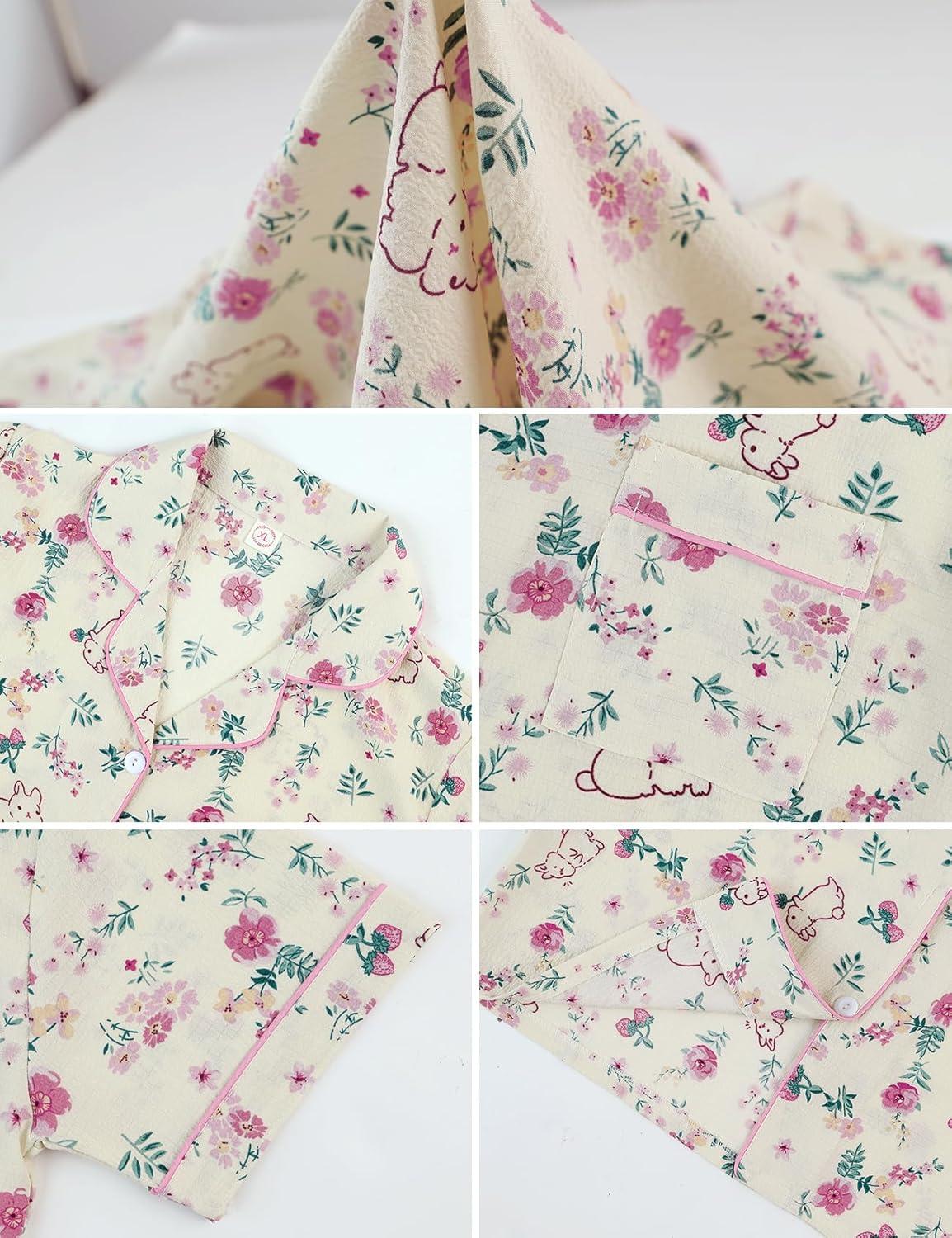 Arssm Floral Pajama Set Women Cute Kawaii 2 Piece Matching Pj Set Aesthetic Short Sleeve Sleeping Loungewear(Bunny)