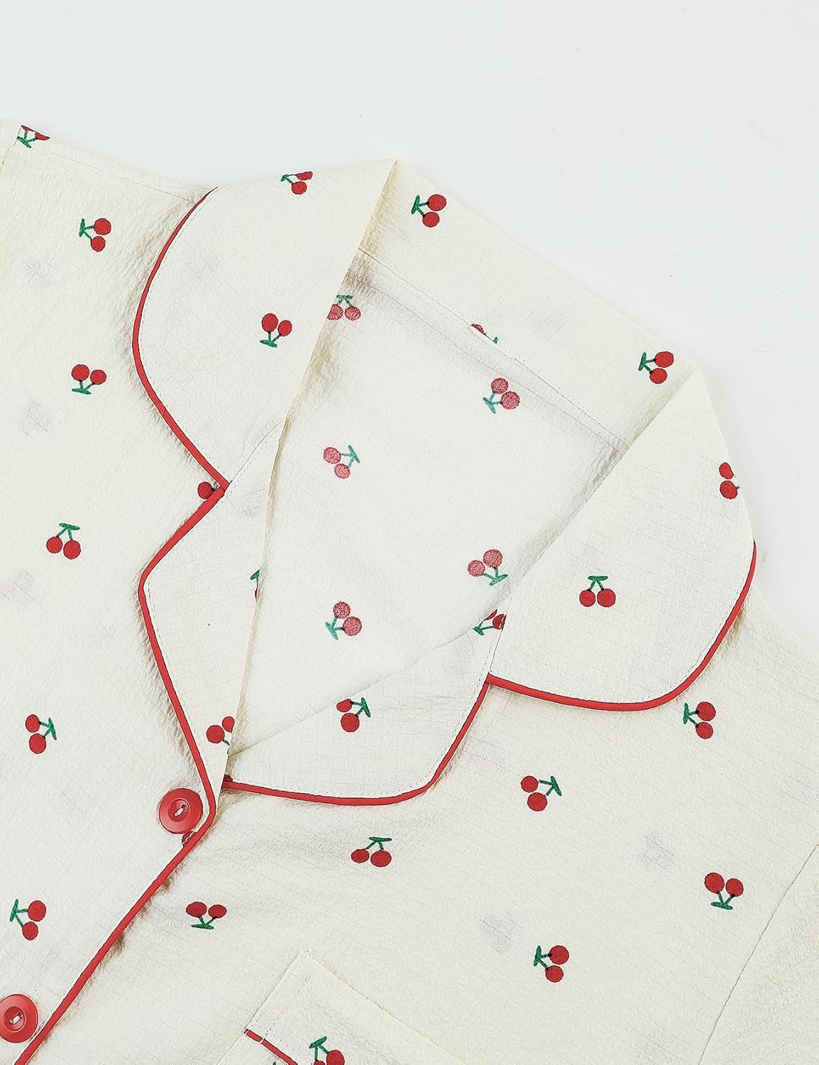 Arssm Floral Pajama Set Women Cute Kawaii 2 Piece Matching Pj Set Aesthetic Short Sleeve Sleeping Loungewear(Redcherry)