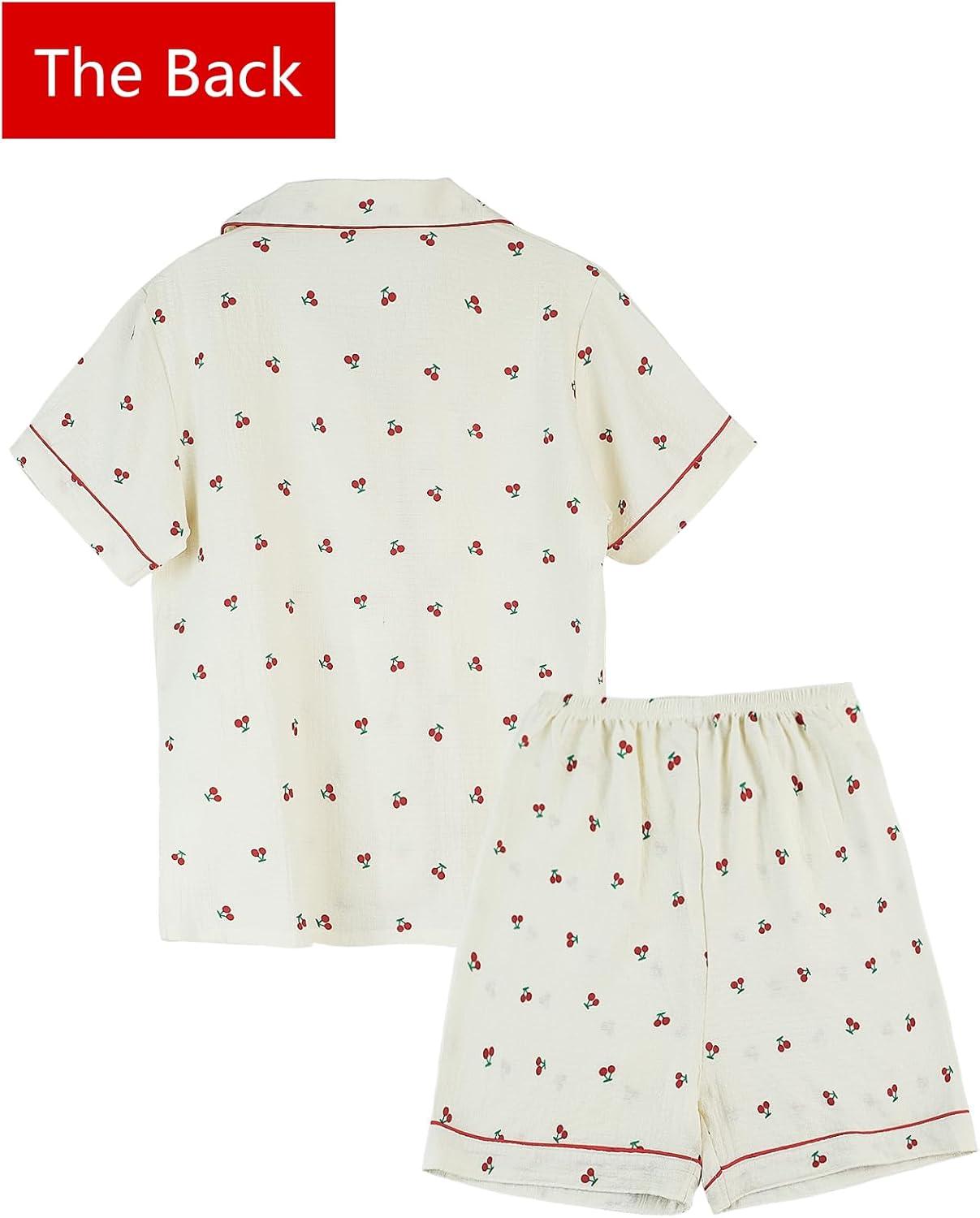 Arssm Floral Pajama Set Women Cute Kawaii 2 Piece Matching Pj Set Aesthetic Short Sleeve Sleeping Loungewear(Redcherry)