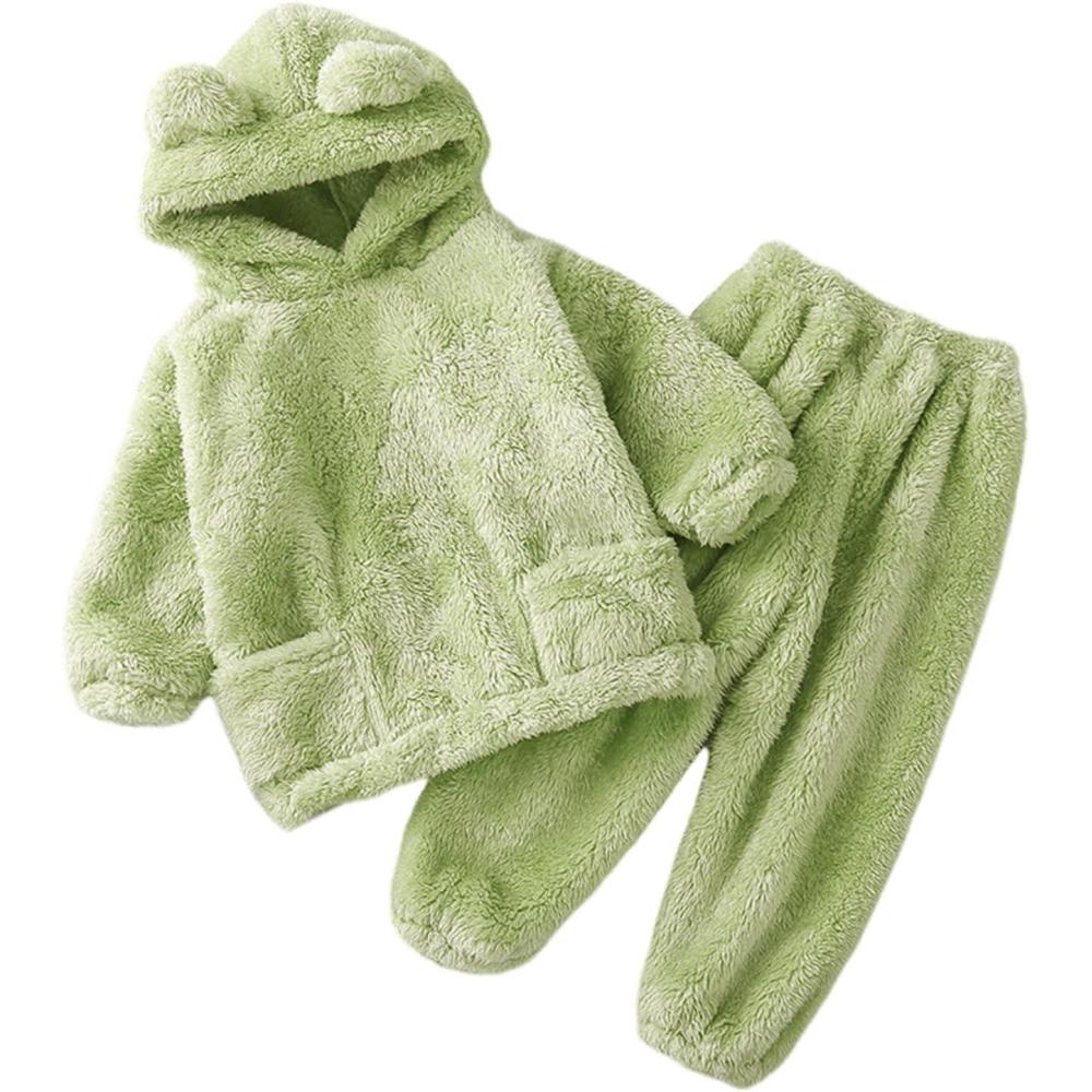 Arssm Girl Pants Sets Two Pieces Outfit Kids Bear Ear Fuzzy Fluffy Hoodie Sweatshirt with Fleece Sweatpants(Green)