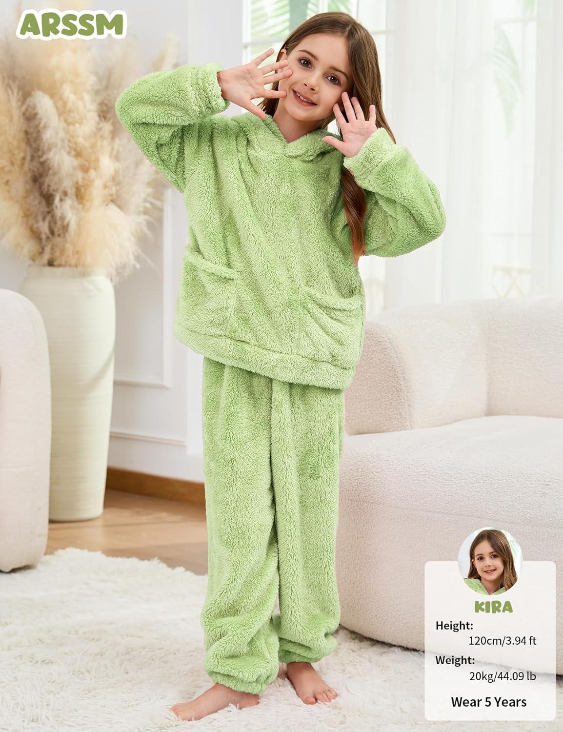 Arssm Girl Pants Sets Two Pieces Outfit Kids Bear Ear Fuzzy Fluffy Hoodie Sweatshirt with Fleece Sweatpants(Green)