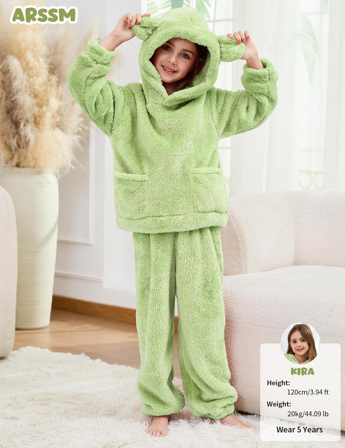 Arssm Girl Pants Sets Two Pieces Outfit Kids Bear Ear Fuzzy Fluffy Hoodie Sweatshirt with Fleece Sweatpants(Green)