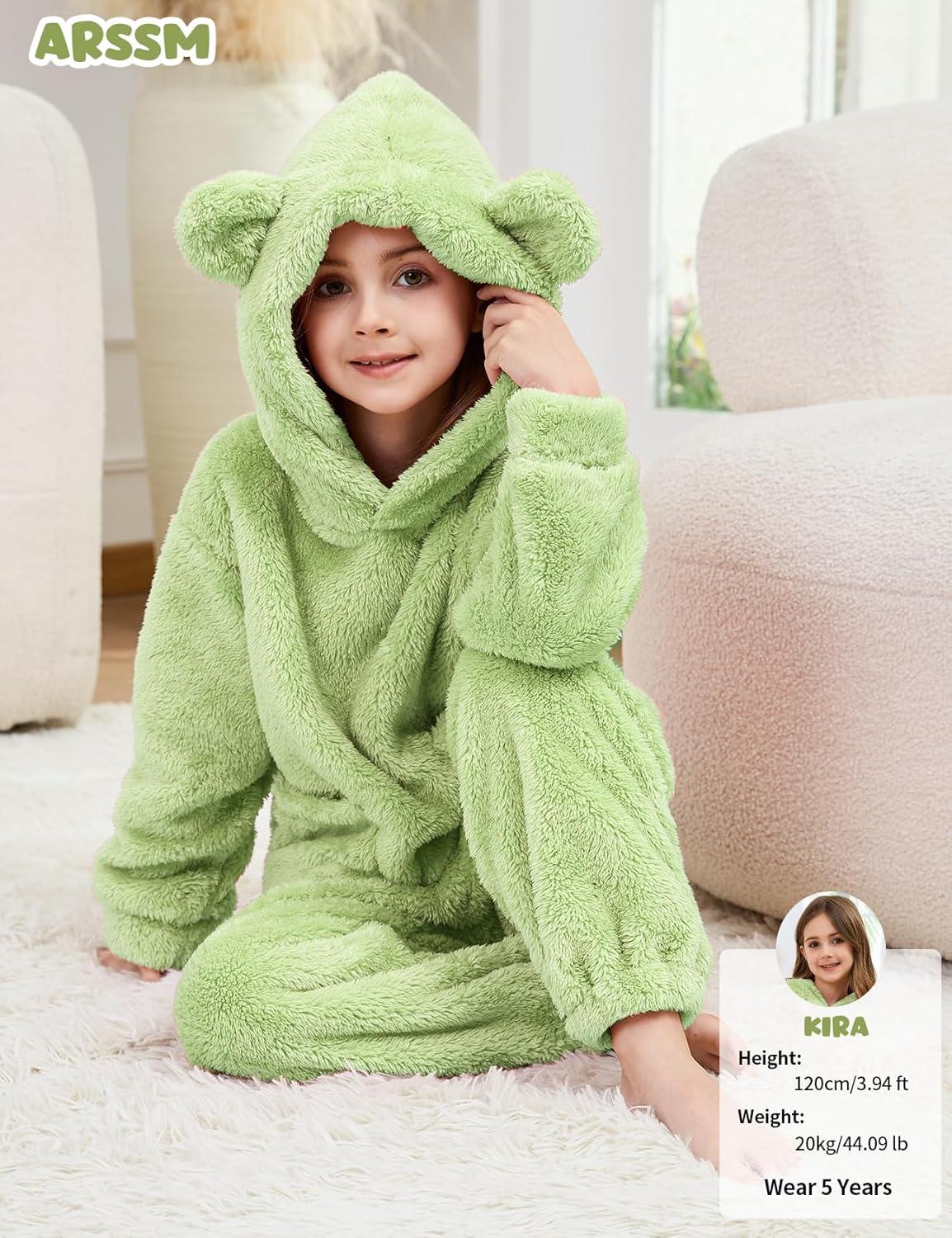 Arssm Girl Pants Sets Two Pieces Outfit Kids Bear Ear Fuzzy Fluffy Hoodie Sweatshirt with Fleece Sweatpants(Green)