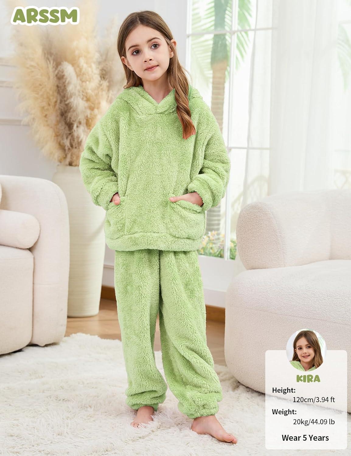Arssm Girl Pants Sets Two Pieces Outfit Kids Bear Ear Fuzzy Fluffy Hoodie Sweatshirt with Fleece Sweatpants(Green)