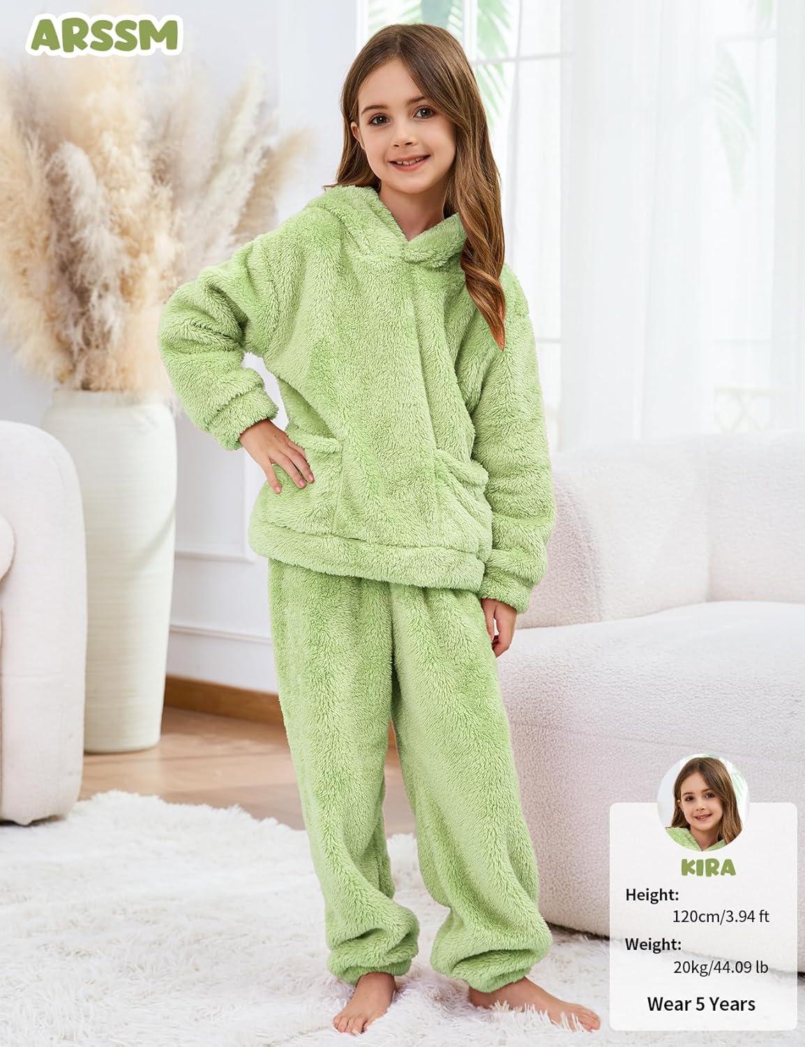 Arssm Girl Pants Sets Two Pieces Outfit Kids Bear Ear Fuzzy Fluffy Hoodie Sweatshirt with Fleece Sweatpants(Green)