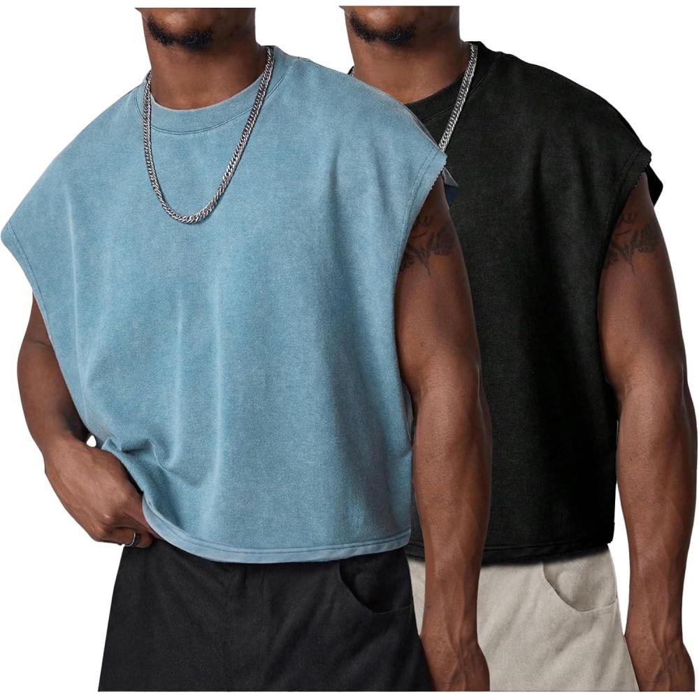 Arssm Men’s Crop T Shirts Acid Wash Tank Top Dolman Sleeve Vintage Crewneck Loose Pullover Top(Black+blue)