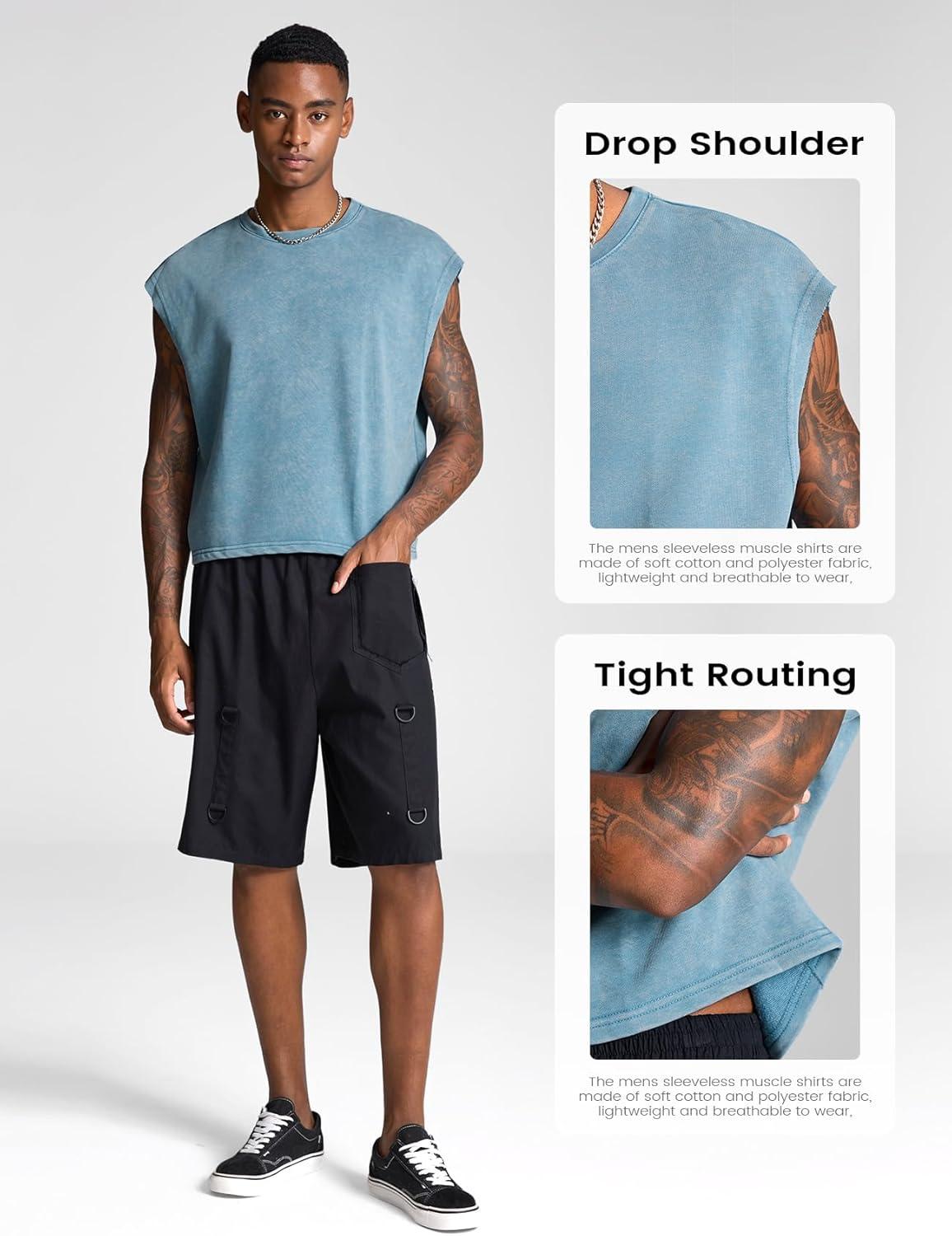 Arssm Men’s Crop T Shirts Acid Wash Tank Top Dolman Sleeve Vintage Crewneck Loose Pullover Top(Black+blue)
