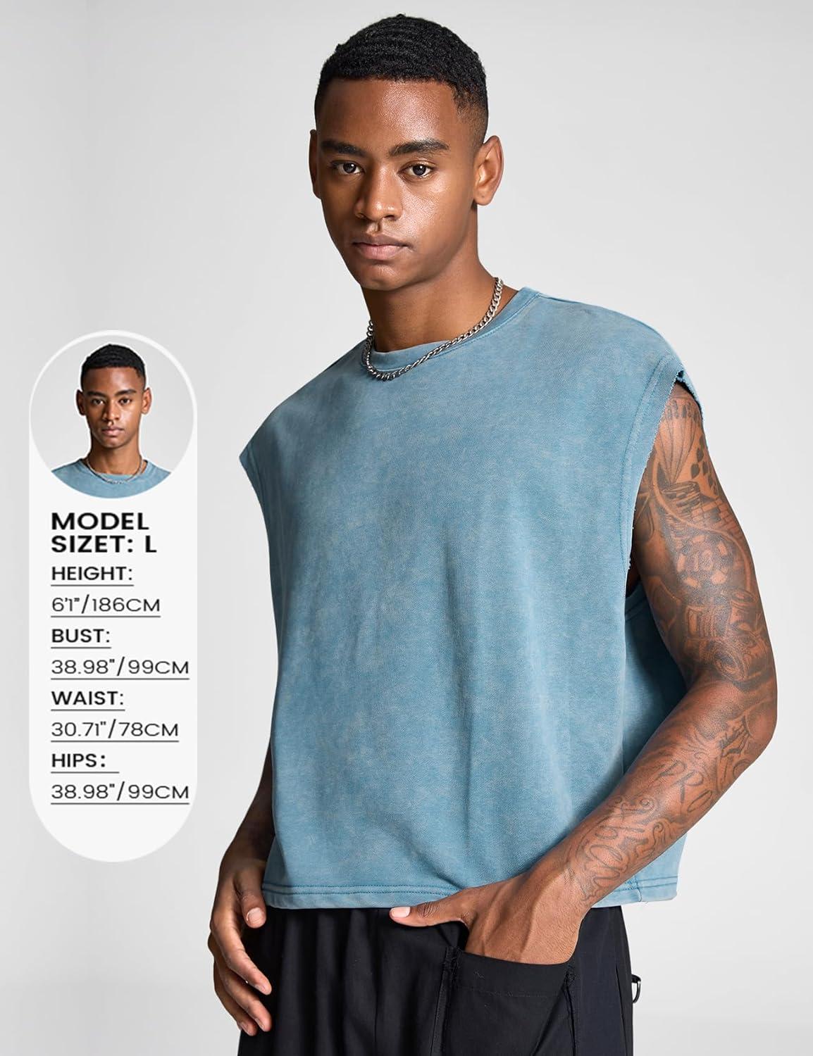 Arssm Men’s Crop T Shirts Acid Wash Tank Top Dolman Sleeve Vintage Crewneck Loose Pullover Top(Black+blue)