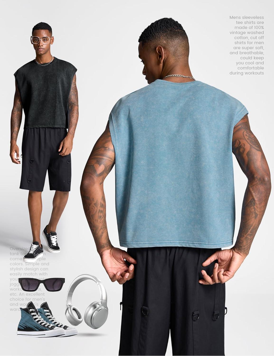 Arssm Men’s Crop T Shirts Acid Wash Tank Top Dolman Sleeve Vintage Crewneck Loose Pullover Top(Black+blue)