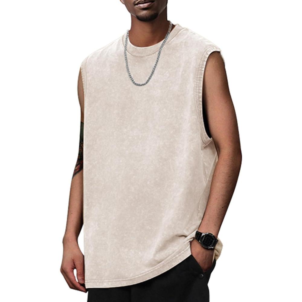 Arssm Sleeveless Shirts for Men Tank Tops Cotton Acid Wash Tees Muscle Workout Running Tank Tops(Beige)