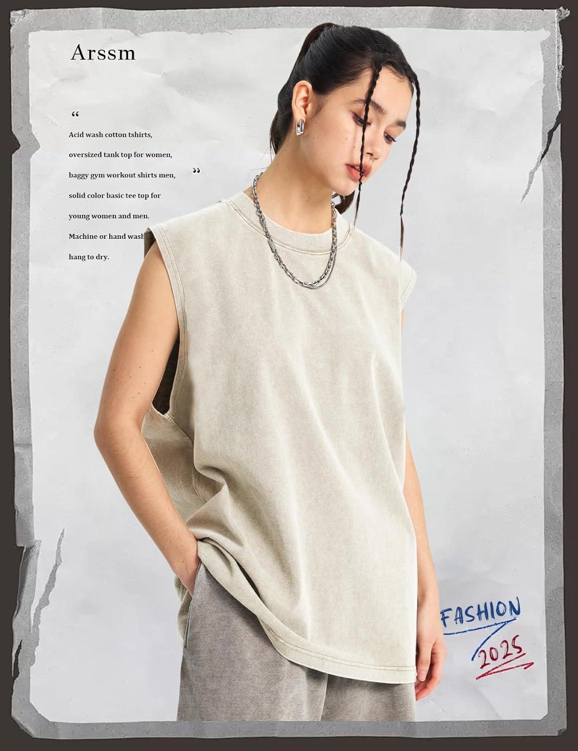 Arssm Sleeveless Shirts for Men Tank Tops Cotton Acid Wash Tees Muscle Workout Running Tank Tops(Beige)