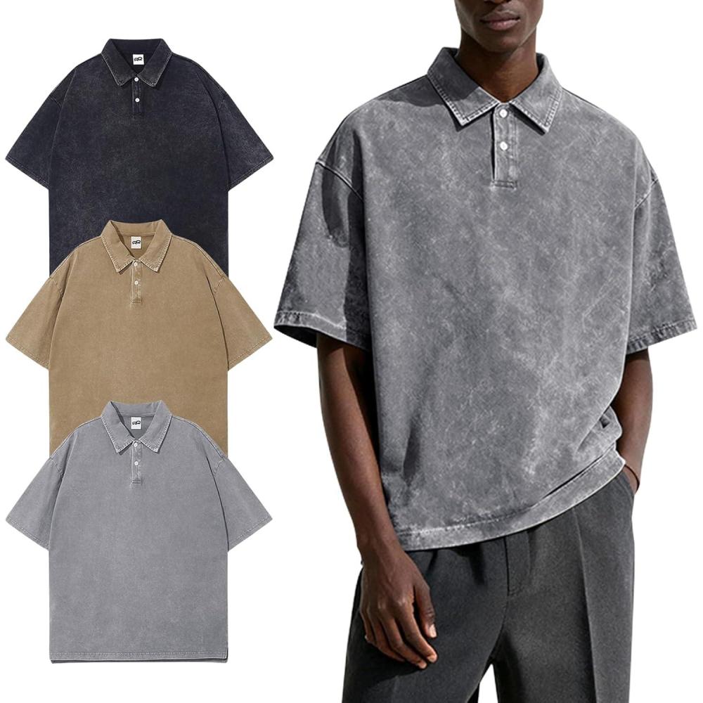 Arssm Mens Polo Shirts Short Sleeve Cotton Acid Washed Overzied T Shirts Baggy Vintage Collared Polo Shirts(Black+grey+khaki)