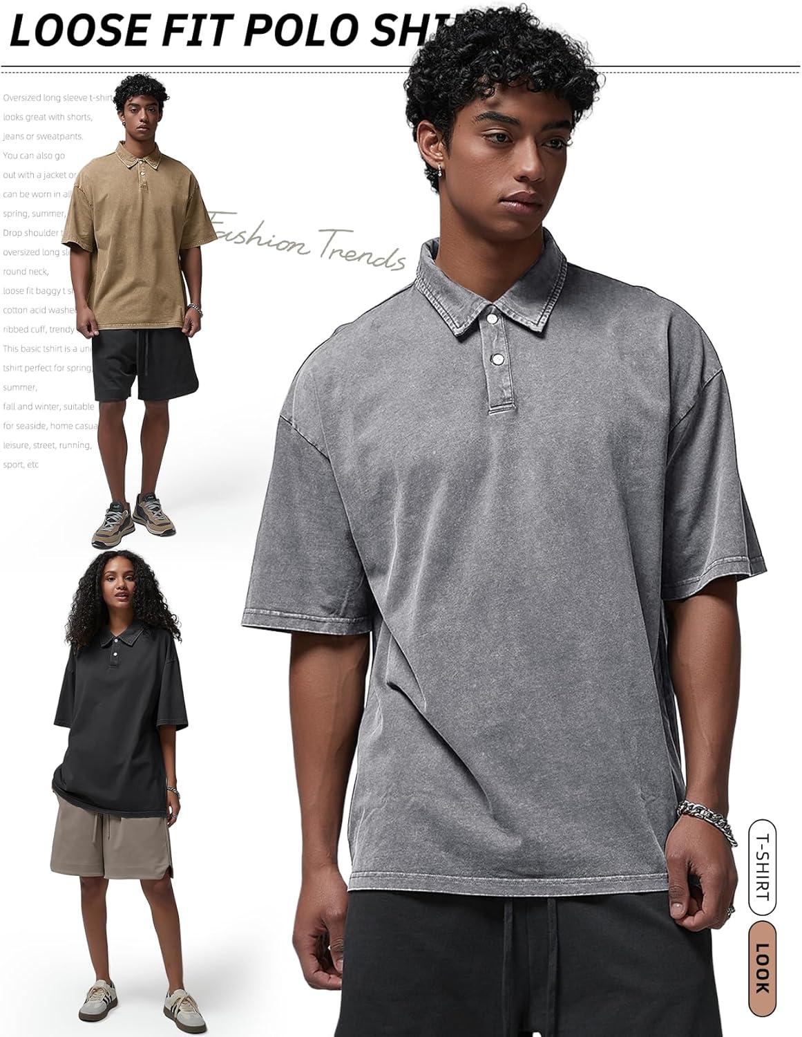 Arssm Mens Polo Shirts Short Sleeve Cotton Acid Washed Overzied T Shirts Baggy Vintage Collared Polo Shirts(Black+grey+khaki)