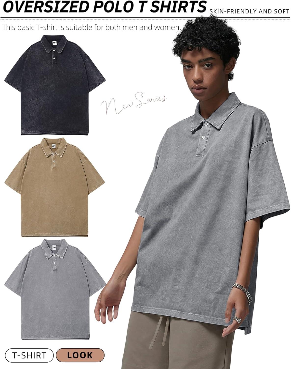 Arssm Mens Polo Shirts Short Sleeve Cotton Acid Washed Overzied T Shirts Baggy Vintage Collared Polo Shirts(Black+grey+khaki)