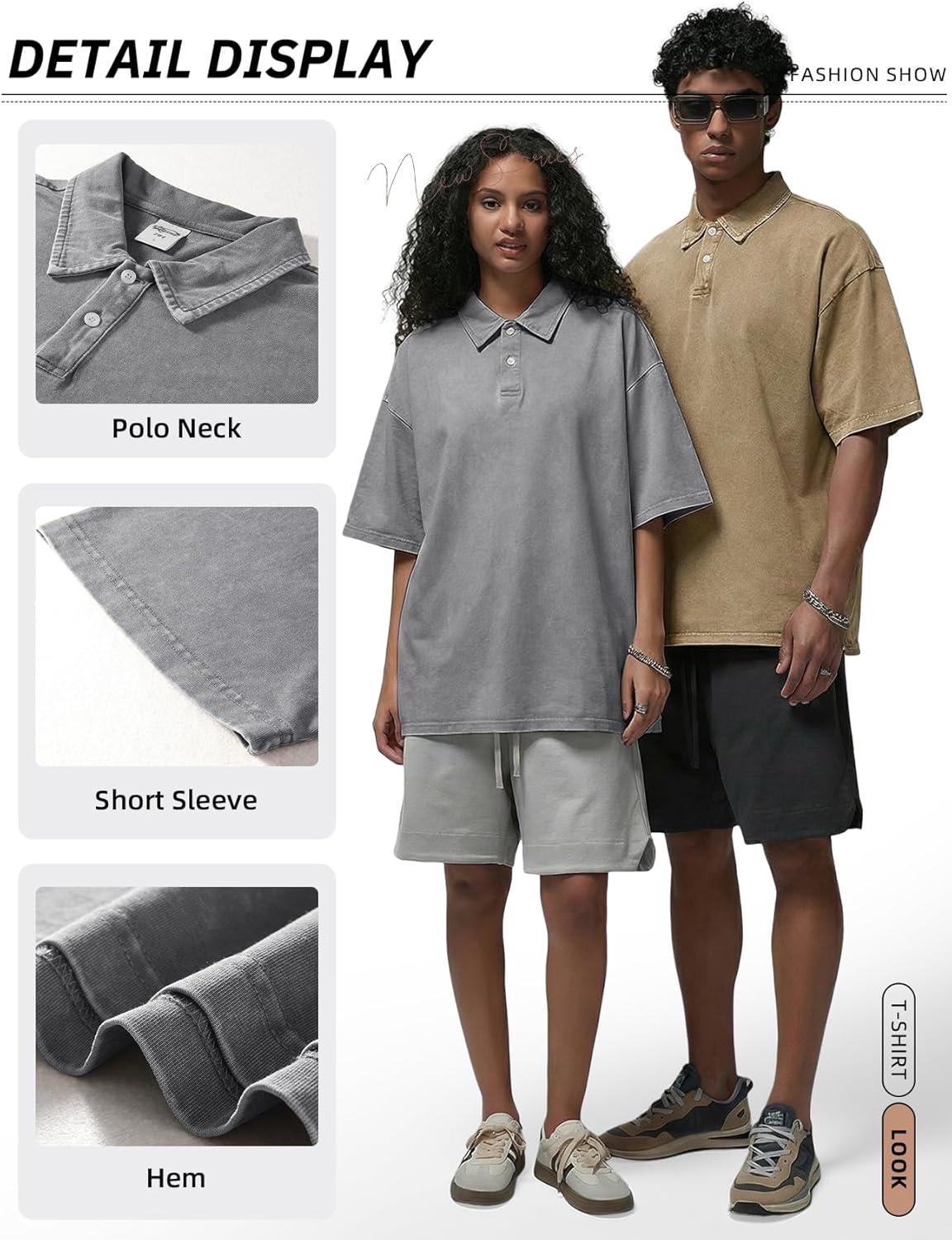 Arssm Mens Polo Shirts Short Sleeve Cotton Acid Washed Overzied T Shirts Baggy Vintage Collared Polo Shirts(Black+grey+khaki)