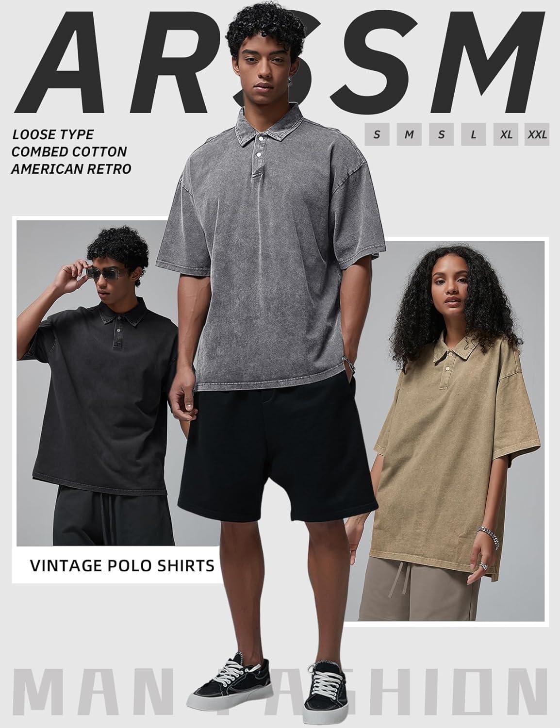 Arssm Mens Polo Shirts Short Sleeve Cotton Acid Washed Overzied T Shirts Baggy Vintage Collared Polo Shirts(Black+grey+khaki)