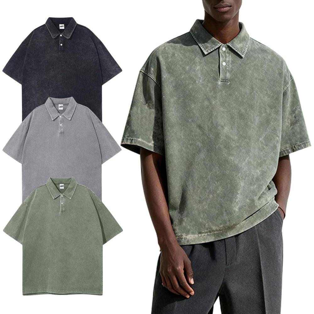 Arssm Mens Polo Shirts Short Sleeve Cotton Acid Washed Overzied T Shirts Baggy Vintage Collared Polo Shirts(Black+grey+army)