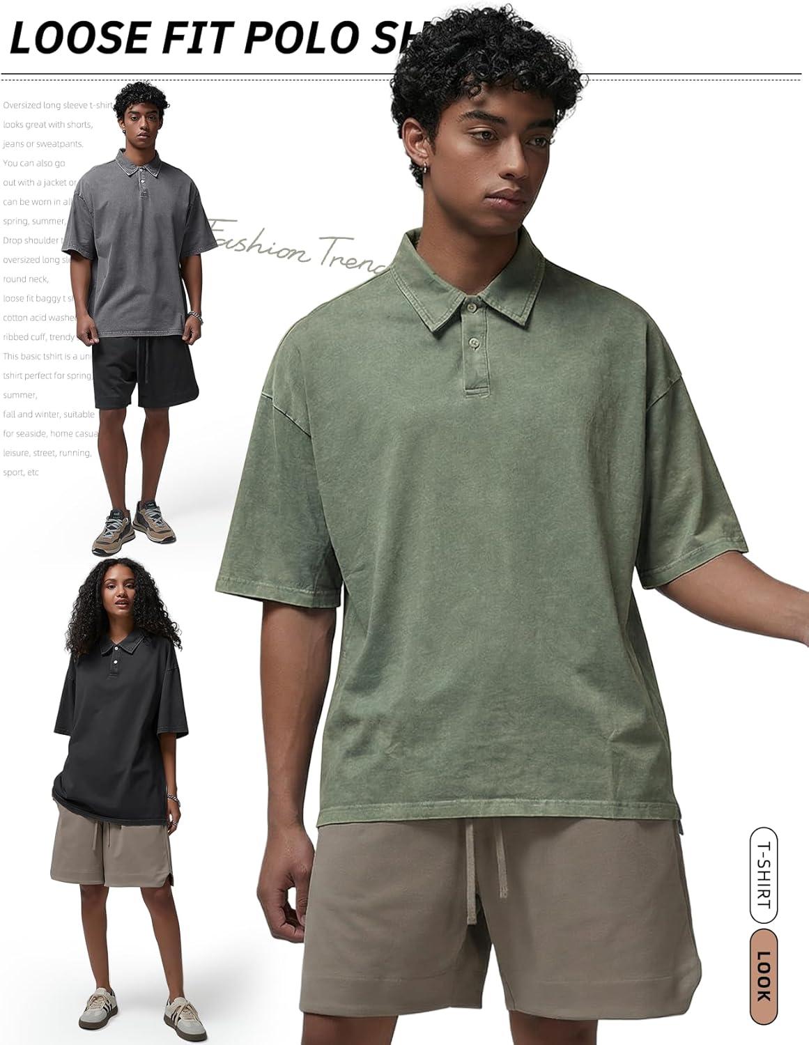 Arssm Mens Polo Shirts Short Sleeve Cotton Acid Washed Overzied T Shirts Baggy Vintage Collared Polo Shirts(Black+grey+army)