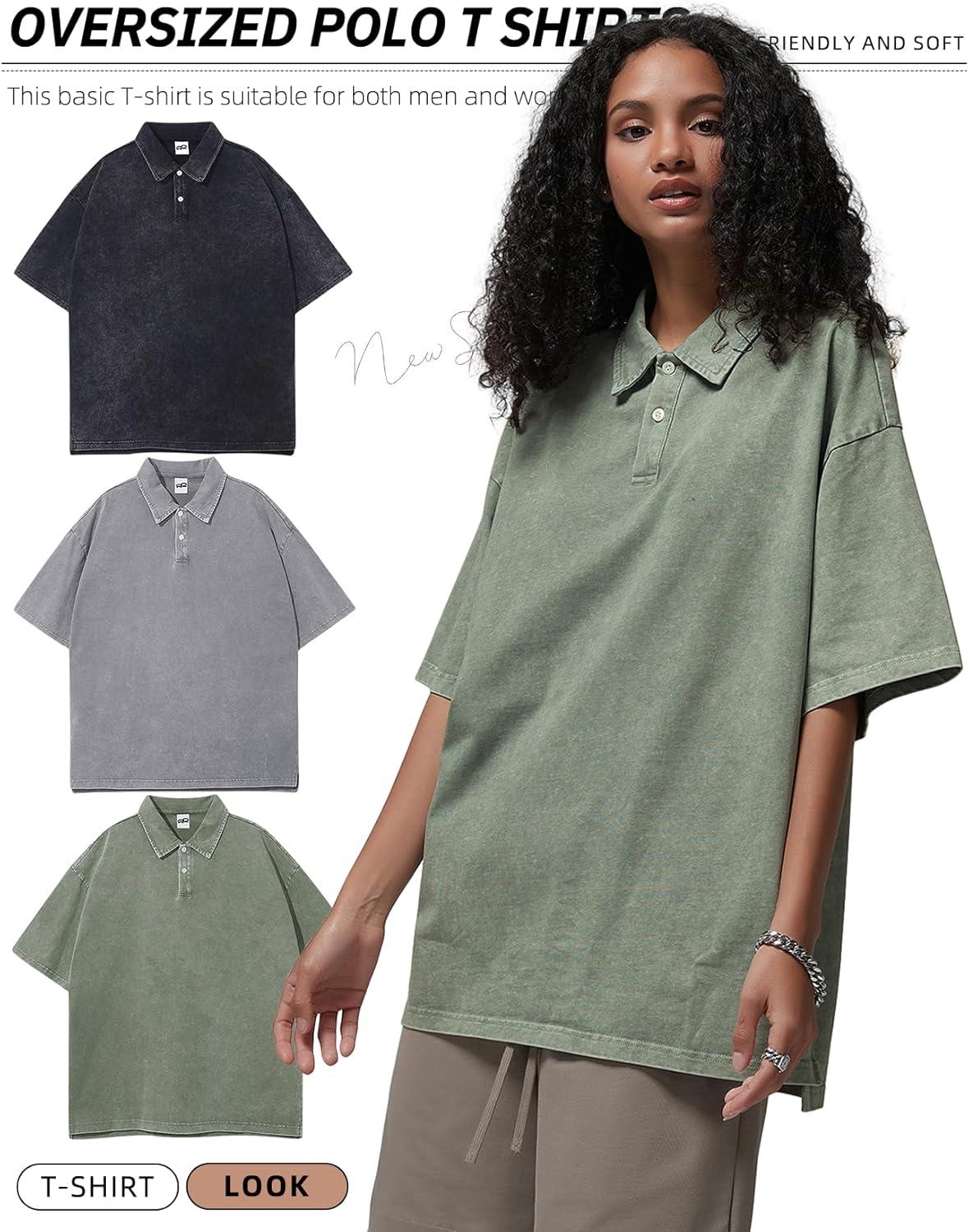 Arssm Mens Polo Shirts Short Sleeve Cotton Acid Washed Overzied T Shirts Baggy Vintage Collared Polo Shirts(Black+grey+army)