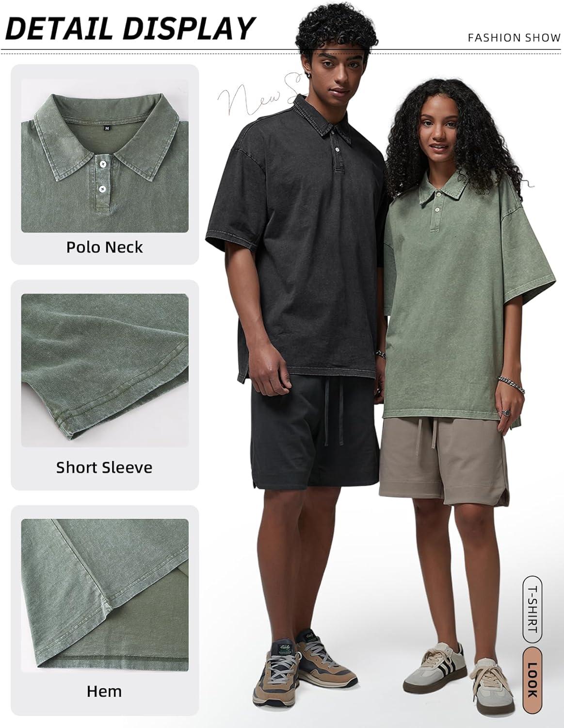 Arssm Mens Polo Shirts Short Sleeve Cotton Acid Washed Overzied T Shirts Baggy Vintage Collared Polo Shirts(Black+grey+army)
