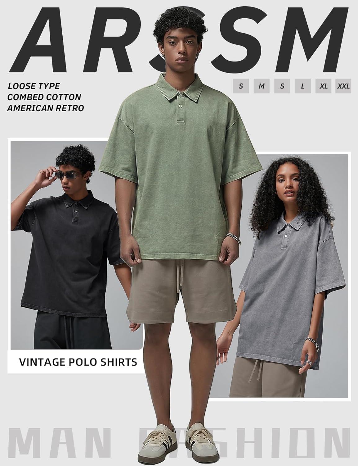 Arssm Mens Polo Shirts Short Sleeve Cotton Acid Washed Overzied T Shirts Baggy Vintage Collared Polo Shirts(Black+grey+army)