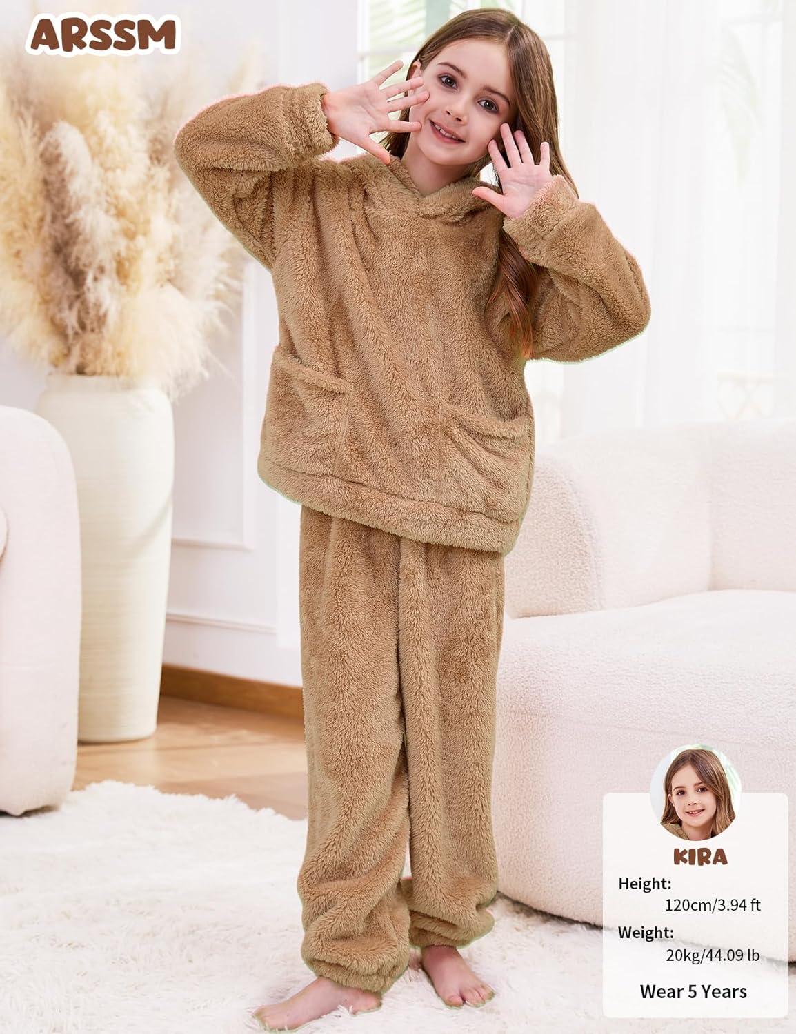 Arssm Girl Pants Sets Two Pieces Outfit Kids Bear Ear Fuzzy Fluffy Hoodie Sweatshirt with Fleece Sweatpants(Khaki)