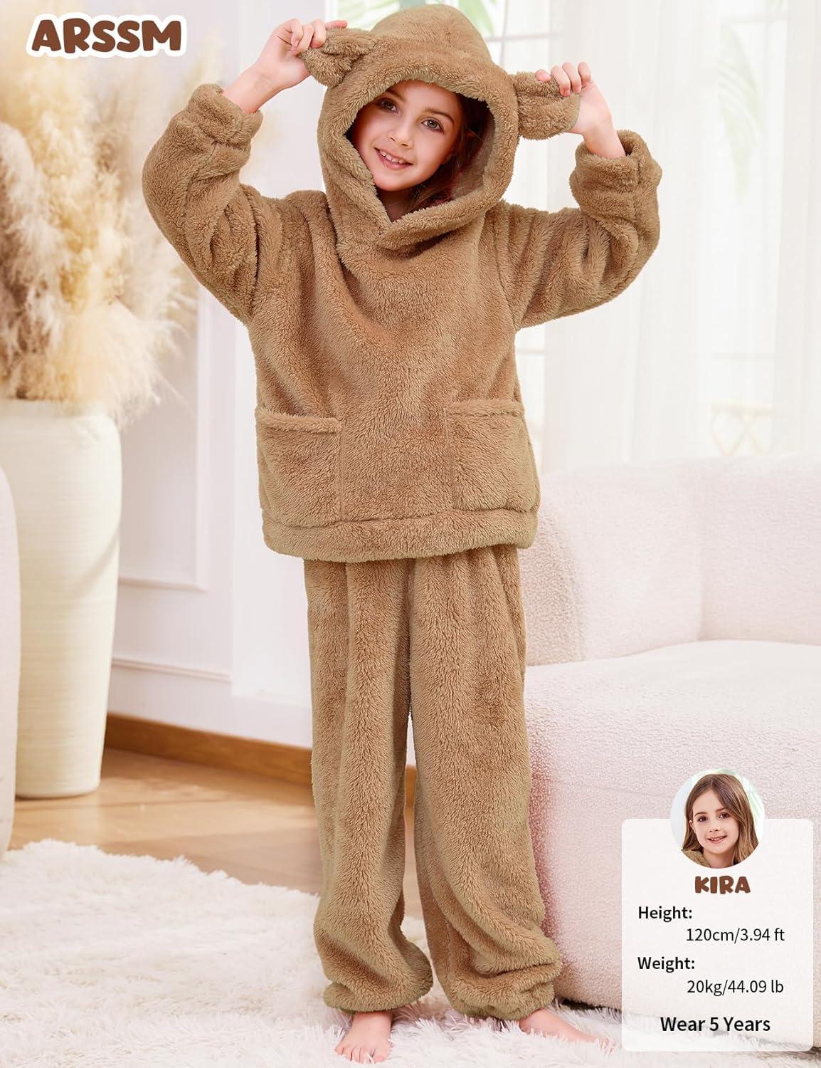 Arssm Girl Pants Sets Two Pieces Outfit Kids Bear Ear Fuzzy Fluffy Hoodie Sweatshirt with Fleece Sweatpants(Khaki)
