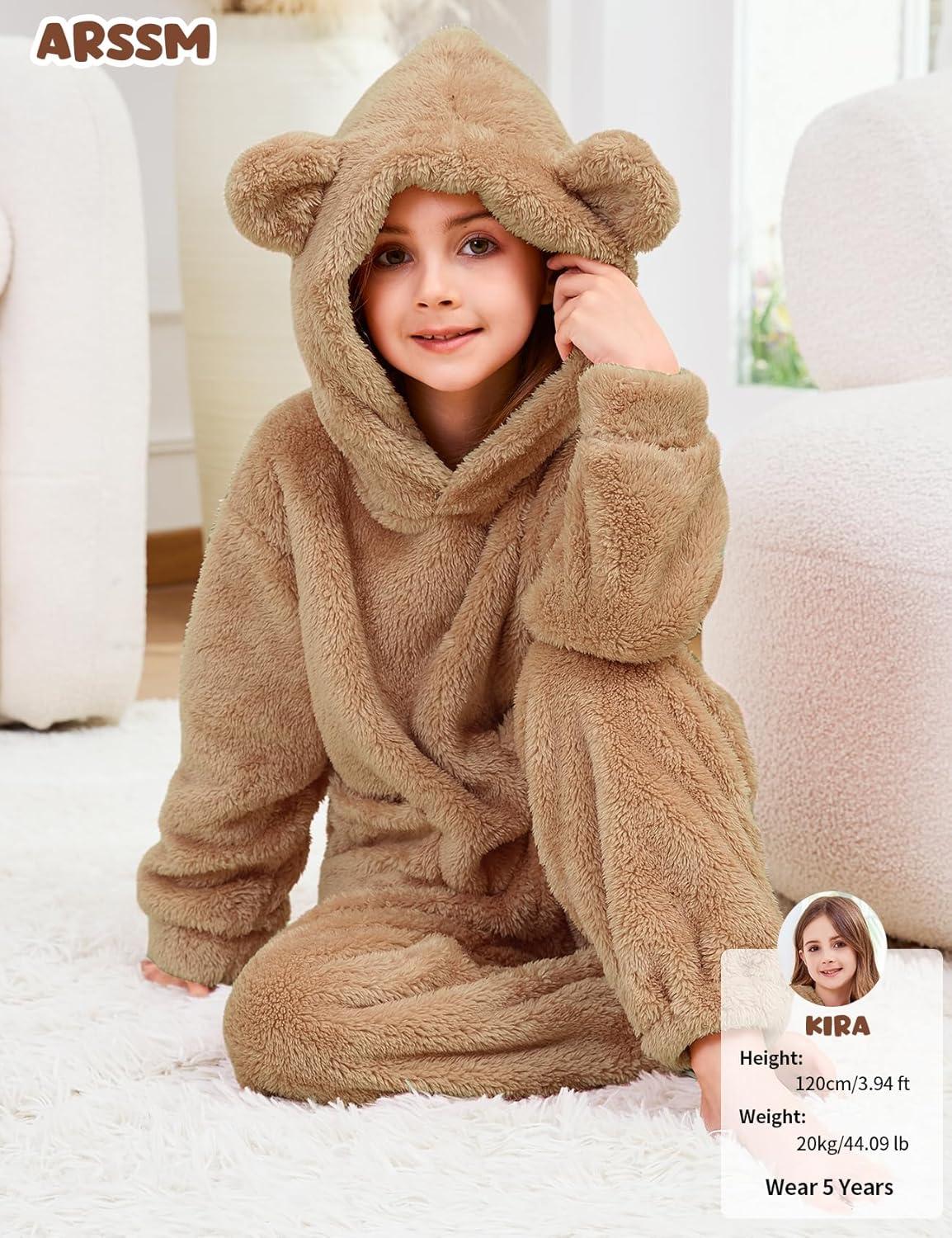Arssm Girl Pants Sets Two Pieces Outfit Kids Bear Ear Fuzzy Fluffy Hoodie Sweatshirt with Fleece Sweatpants(Khaki)