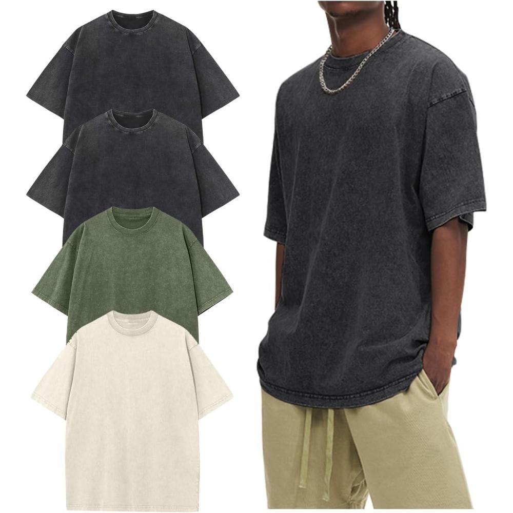 Arssm Oversized Tshirts for Men Acid Wash Loose Fit Vintage Cotton Heavyweight T Shirts Baggy Tees(Blackblackarmybeige)