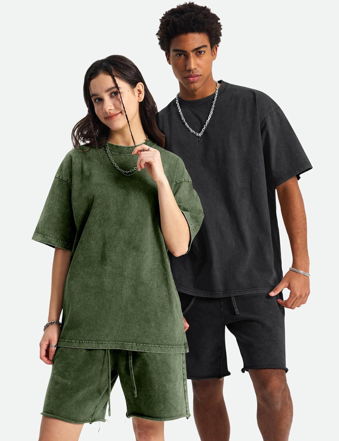 Arssm Oversized Tshirts for Men Acid Wash Loose Fit Vintage Cotton Heavyweight T Shirts Baggy Tees(Blackblackarmybeige)