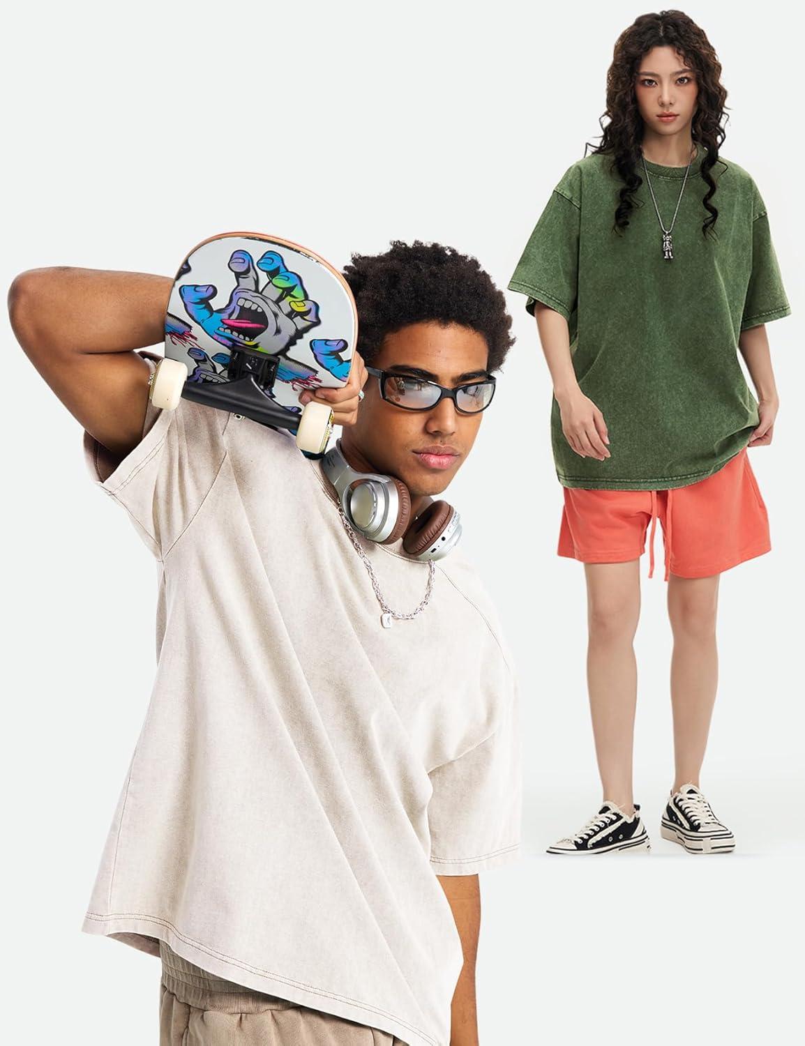 Arssm Oversized Tshirts for Men Acid Wash Loose Fit Vintage Cotton Heavyweight T Shirts Baggy Tees(Blackblackarmybeige)