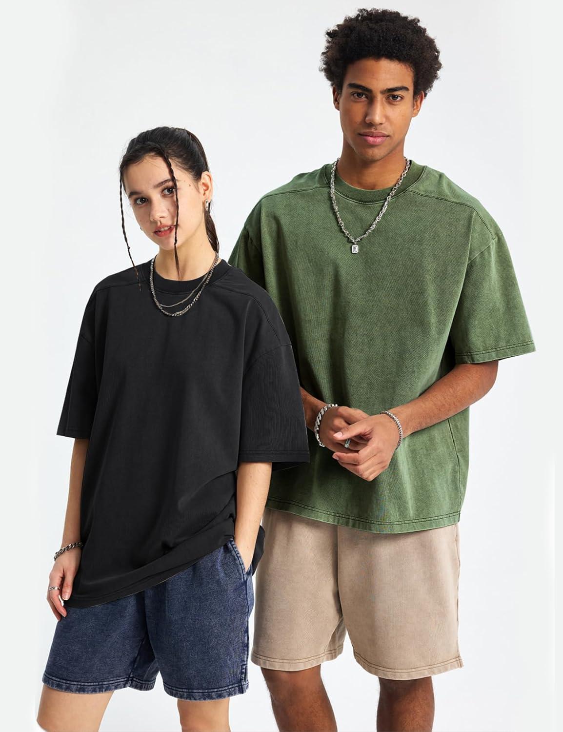 Arssm Oversized Tshirts for Men Acid Wash Loose Fit Vintage Cotton Heavyweight T Shirts Baggy Tees(Blackblackarmybeige)