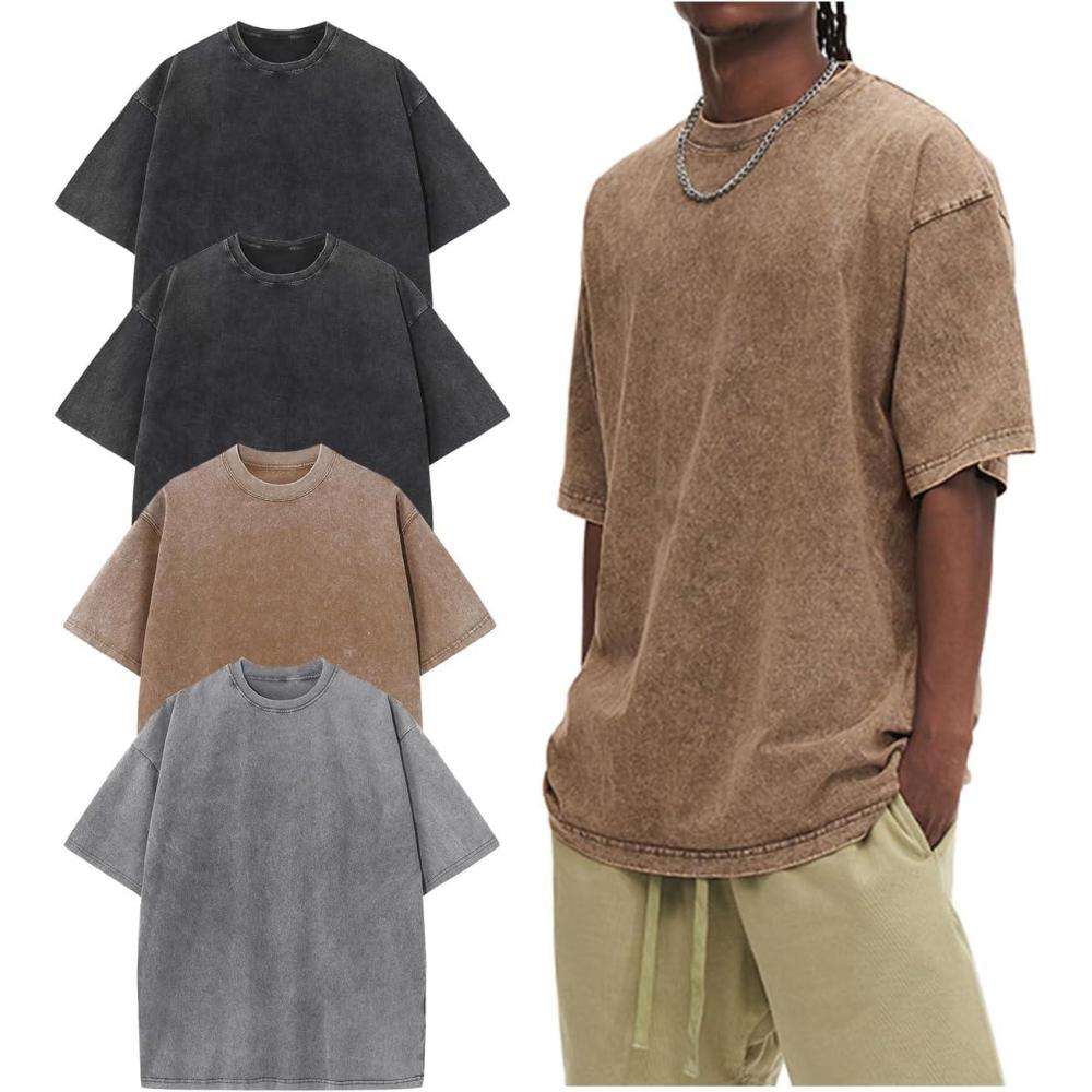 Arssm Oversized Tshirts for Men Acid Wash Loose Fit Vintage Cotton Heavyweight T Shirts Baggy Tees(Blackblackgreykhaki)