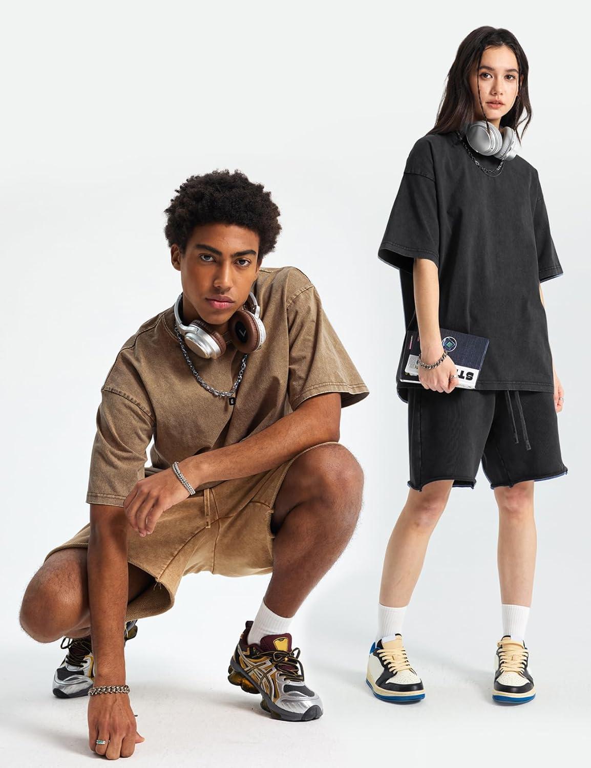 Arssm Oversized Tshirts for Men Acid Wash Loose Fit Vintage Cotton Heavyweight T Shirts Baggy Tees(Blackblackgreykhaki)