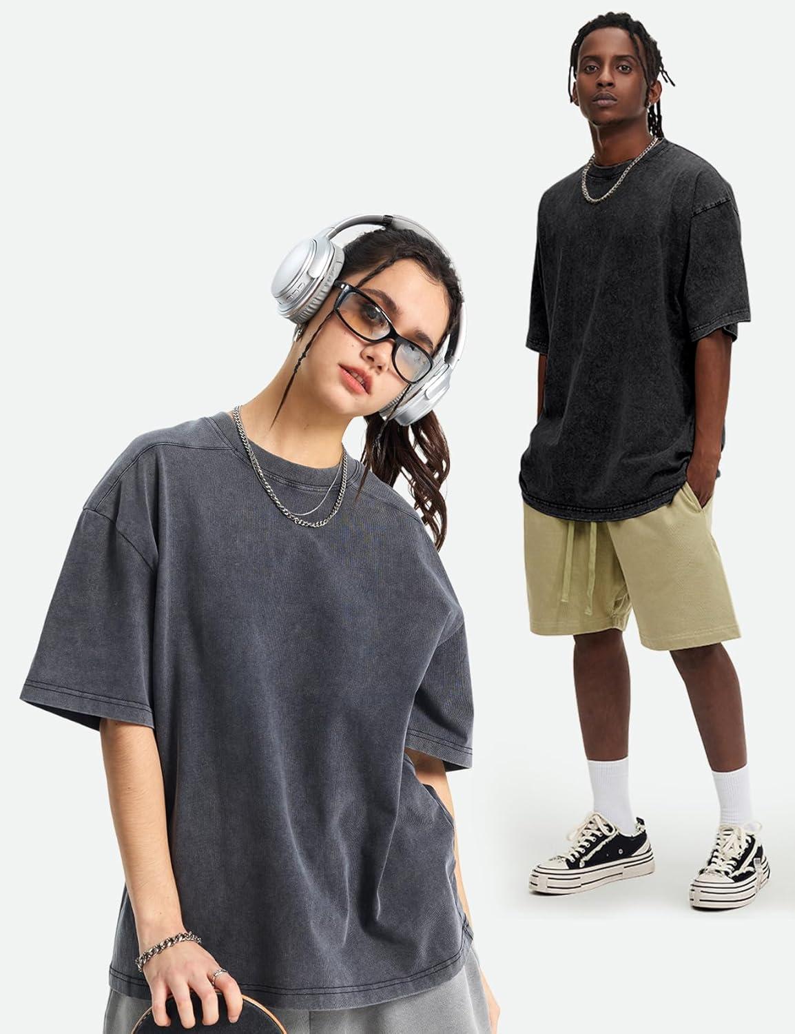 Arssm Oversized Tshirts for Men Acid Wash Loose Fit Vintage Cotton Heavyweight T Shirts Baggy Tees(Blackblackgreykhaki)