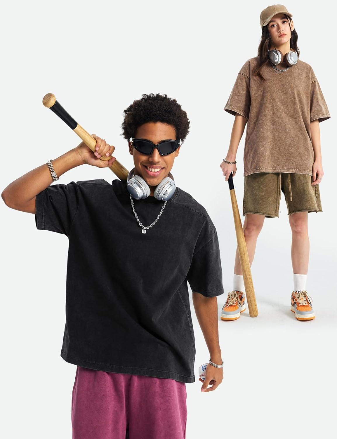 Arssm Oversized Tshirts for Men Acid Wash Loose Fit Vintage Cotton Heavyweight T Shirts Baggy Tees(Blackblackgreykhaki)