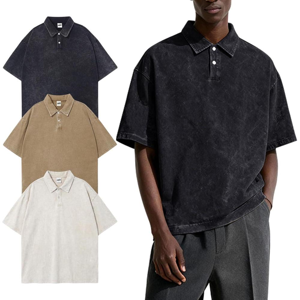 Arssm Mens Polo Shirts Short Sleeve Cotton Acid Washed Overzied T Shirts Baggy Vintage Collared Polo Shirts(Black+khaki+beige)