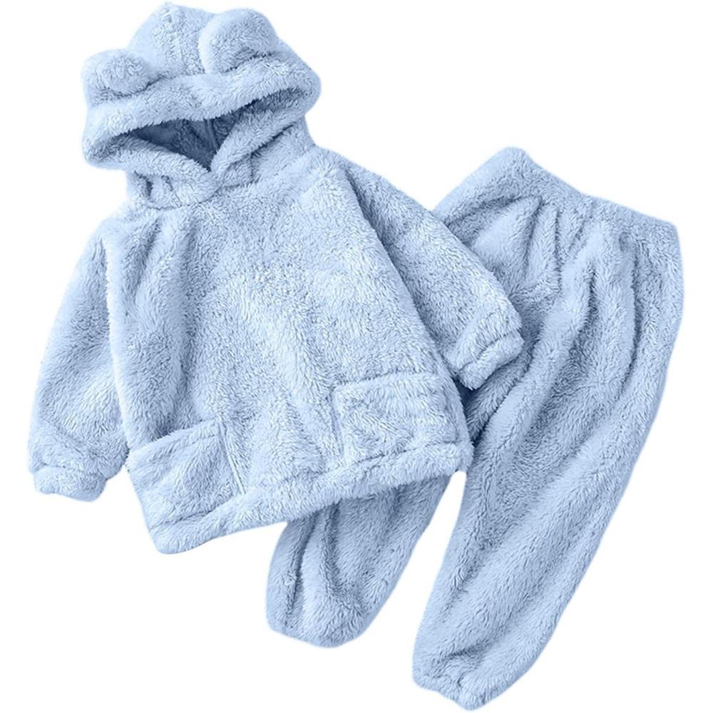 Arssm Girl Pants Sets Two Pieces Outfit Kids Bear Ear Fuzzy Fluffy Hoodie Sweatshirt with Fleece Sweatpants(Lightblue)