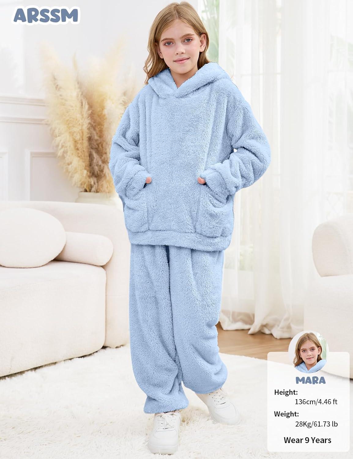 Arssm Girl Pants Sets Two Pieces Outfit Kids Bear Ear Fuzzy Fluffy Hoodie Sweatshirt with Fleece Sweatpants(Lightblue)