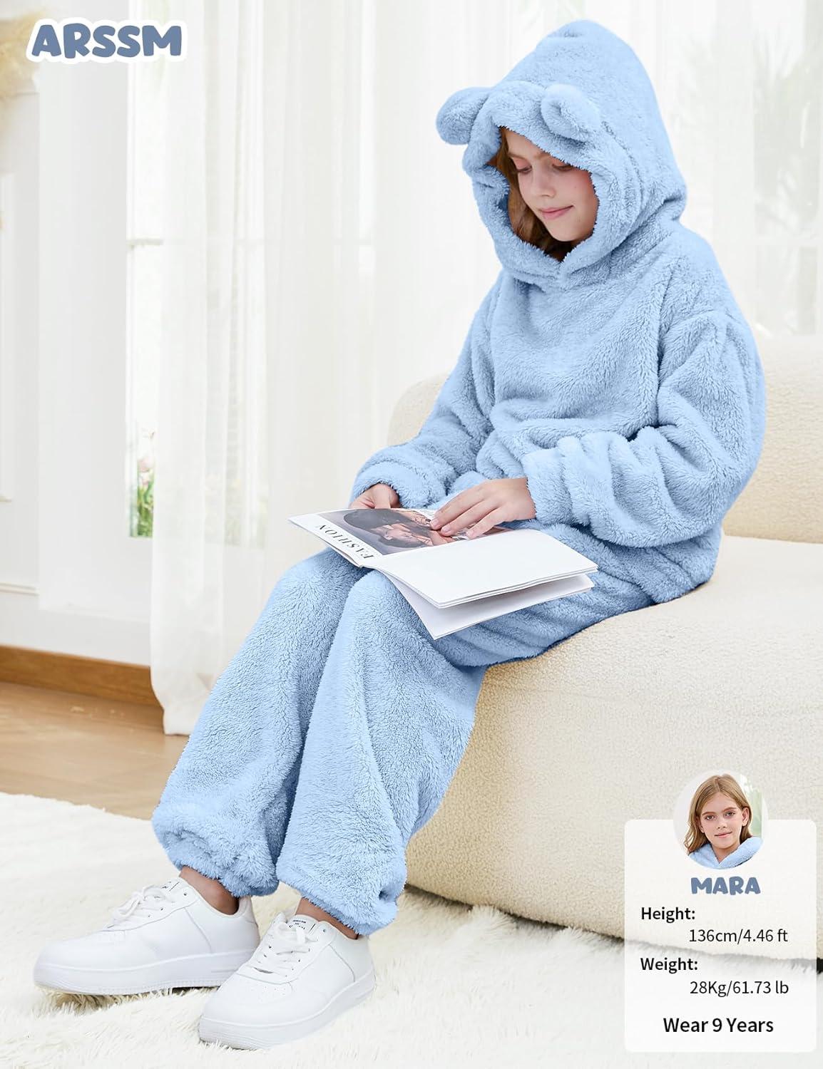 Arssm Girl Pants Sets Two Pieces Outfit Kids Bear Ear Fuzzy Fluffy Hoodie Sweatshirt with Fleece Sweatpants(Lightblue)