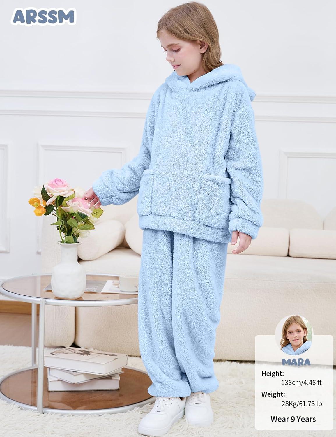 Arssm Girl Pants Sets Two Pieces Outfit Kids Bear Ear Fuzzy Fluffy Hoodie Sweatshirt with Fleece Sweatpants(Lightblue)