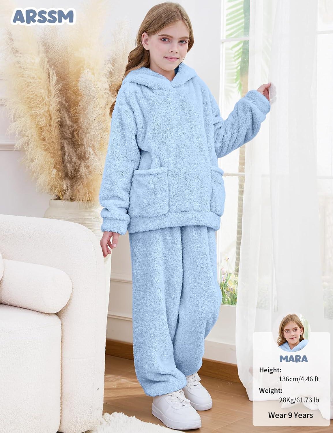 Arssm Girl Pants Sets Two Pieces Outfit Kids Bear Ear Fuzzy Fluffy Hoodie Sweatshirt with Fleece Sweatpants(Lightblue)