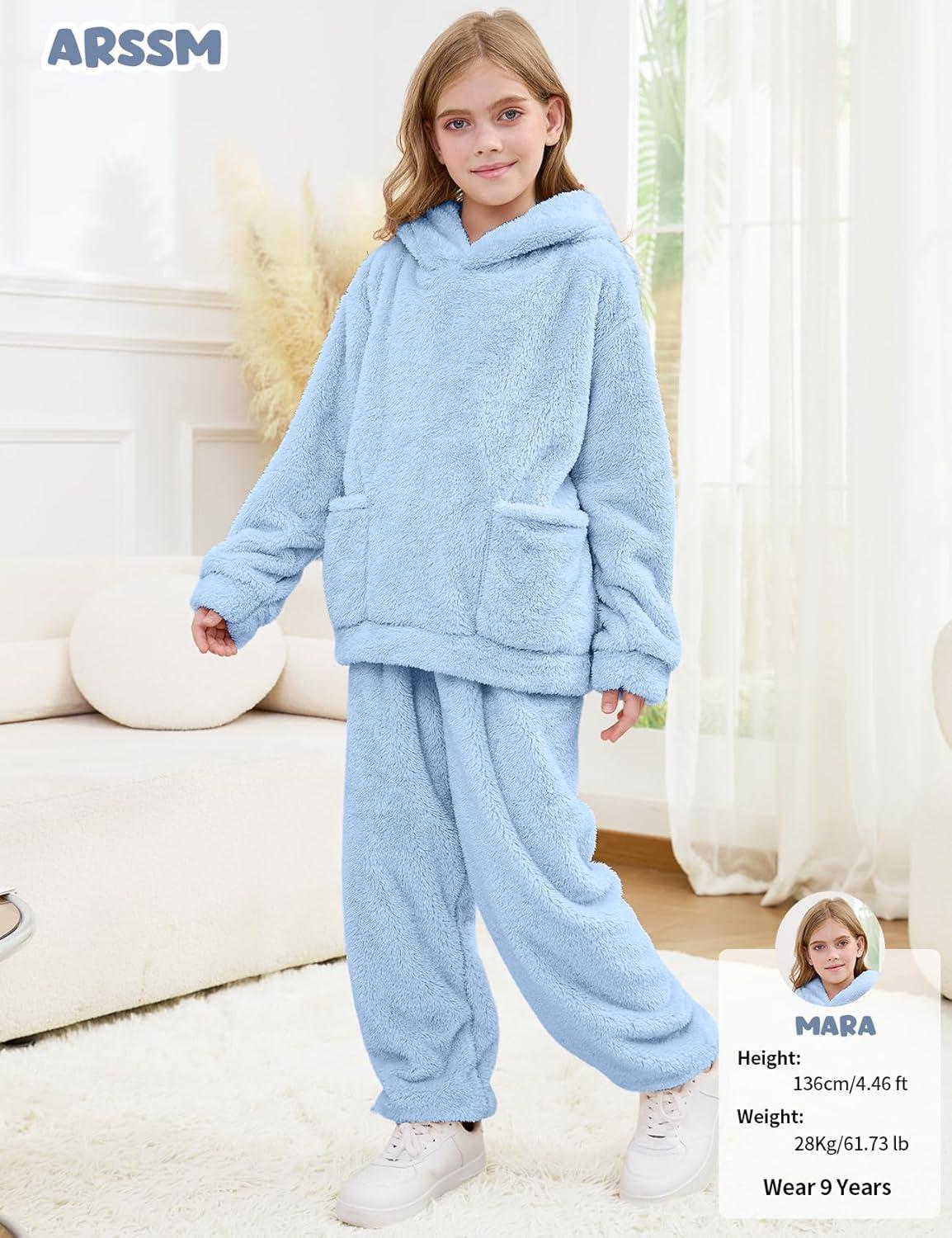 Arssm Girl Pants Sets Two Pieces Outfit Kids Bear Ear Fuzzy Fluffy Hoodie Sweatshirt with Fleece Sweatpants(Lightblue)