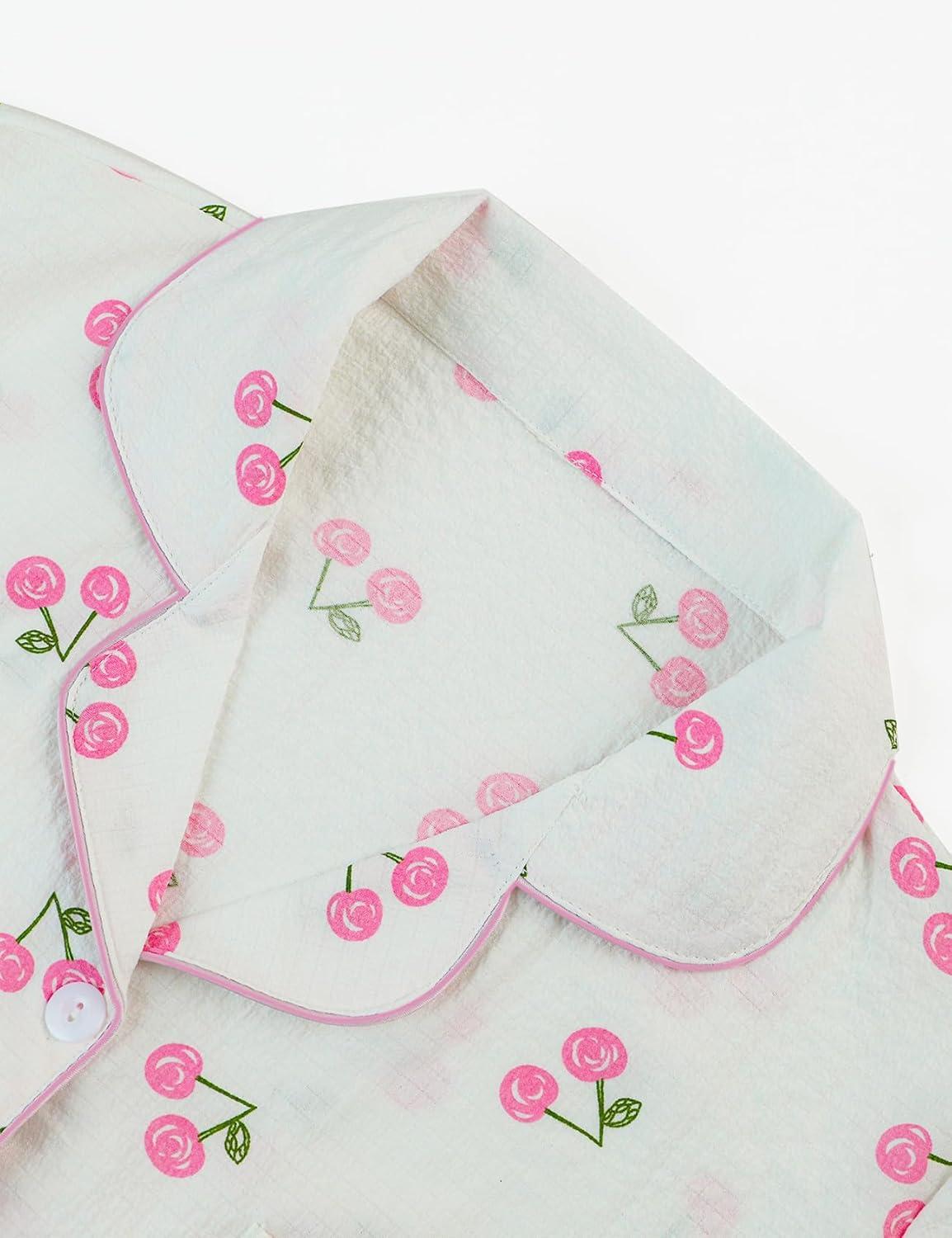 Arssm Floral Pajama Set Women Cute Kawaii 2 Piece Matching Pj Set Aesthetic Short Sleeve Sleeping Loungewear(Pinkcherry)