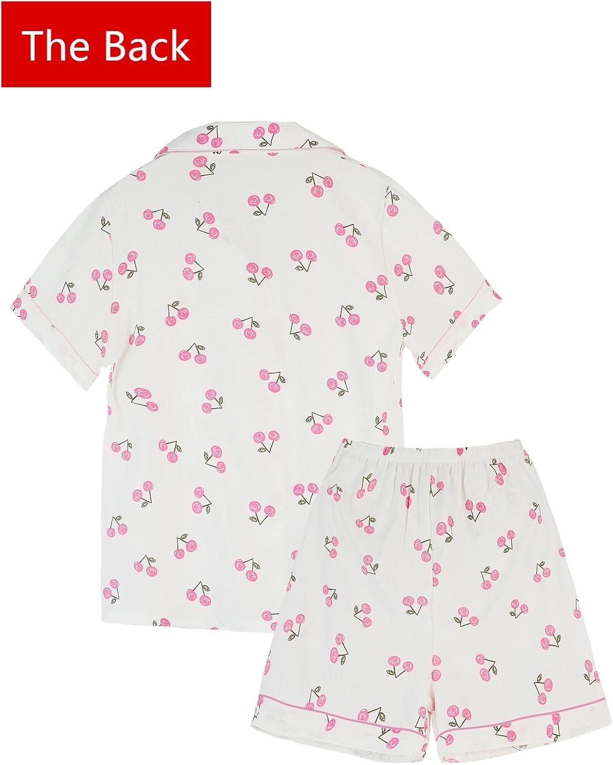 Arssm Floral Pajama Set Women Cute Kawaii 2 Piece Matching Pj Set Aesthetic Short Sleeve Sleeping Loungewear(Pinkcherry)
