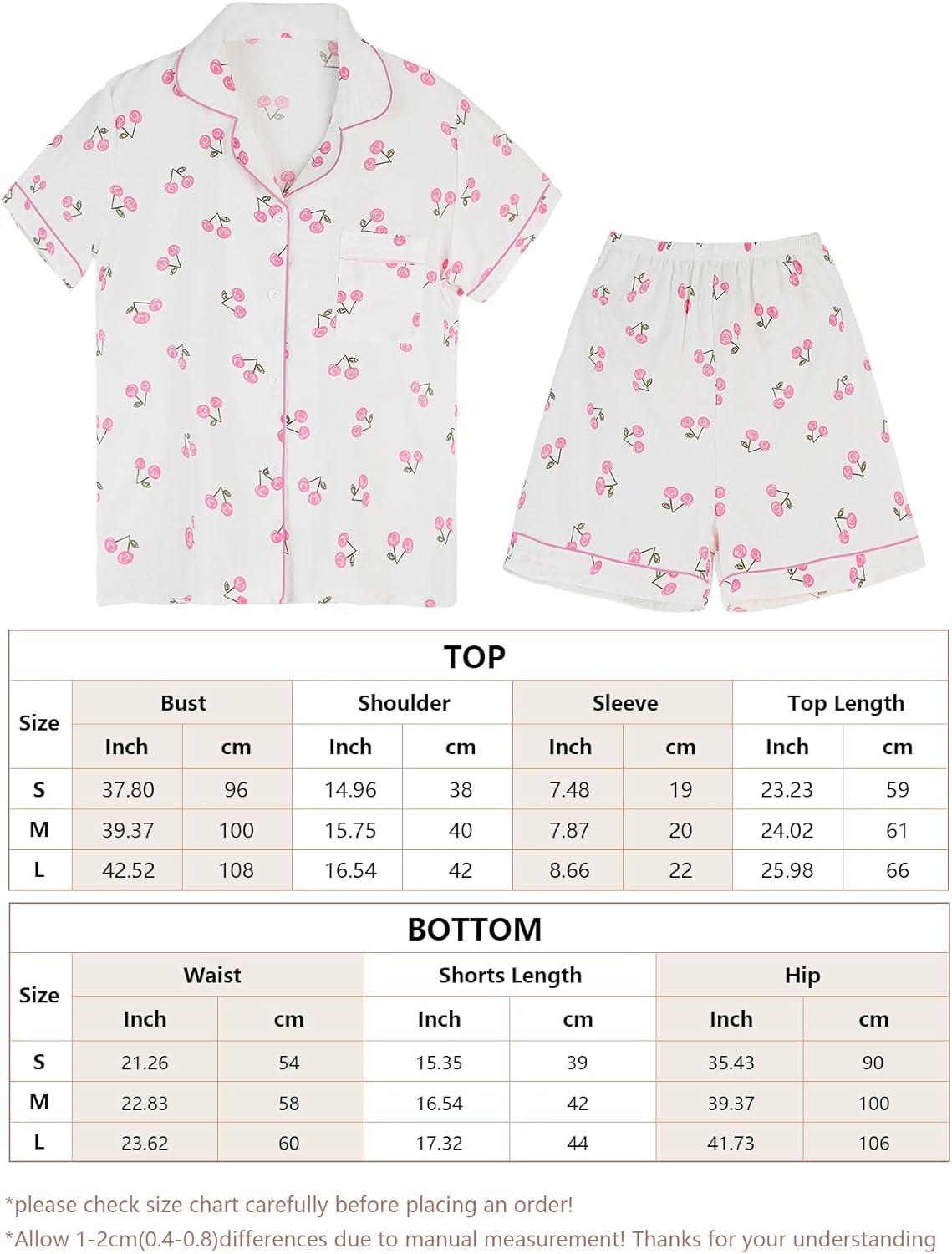 Arssm Floral Pajama Set Women Cute Kawaii 2 Piece Matching Pj Set Aesthetic Short Sleeve Sleeping Loungewear(Pinkcherry)
