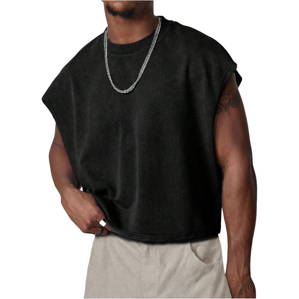 Arssm Men’s Crop T Shirts Acid Wash Tank Top Dolman Sleeve Vintage Crewneck Loose Pullover Top(Black)